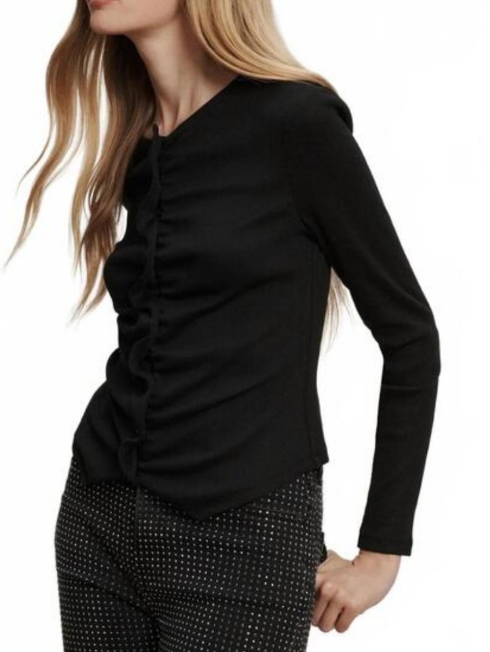 VERONICA BEARD Jasminah Ribbed Button Front Ruched Top in Black Medium - Picture 10 of 10
